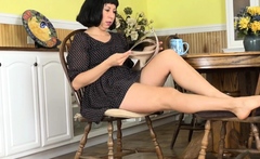 Hairy milf Valentine plays with her cave woman style pussy