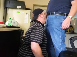 Daddy trucker dumps a quick load in Chubby Boy's mouth...