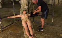 Mature pervert makes his restrained twink cum blast