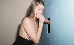 Striptease femdom sucks gloryhole cock