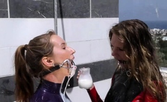 Fetish brunette lesbians piss and drink each others urine