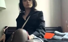 Brunette with foot fetish rubs big dick with her feet in POV