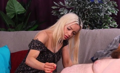 Nesty blonde babe giving HJ to smalldick