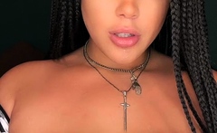 Busty babe playing with her big boobs
